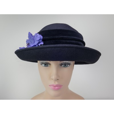 Ann Taylor Black Wool Felt Hat Fedora with Purple Flower Pin 's S/M  eb-35873147